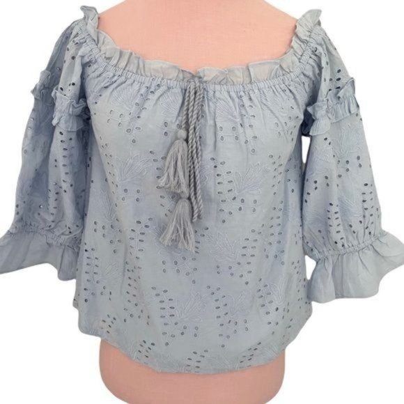 Anthropologie Jane Eyelet Lace Off Shoulder Top in Blue Size 12 EUC - Picture 4 of 12